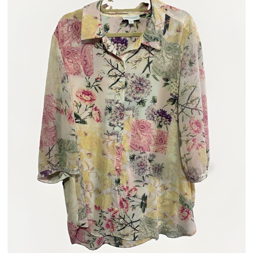 Cynthia Rowley Womens Plus 2X Multicolor Mixed Pattern Button Up Blouse Shirt